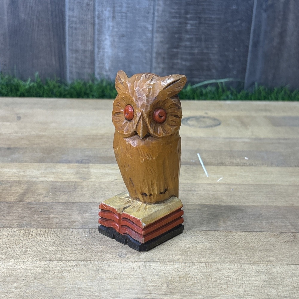 Vintage MCM Hand Carved Wood Owl on Books Figurine Mid Century Decor